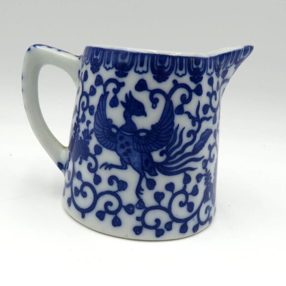 Vintage Japanese Blue White 2.5" Ceramic Creamer Pitcher Phoenix Design - Picture 3 of 7